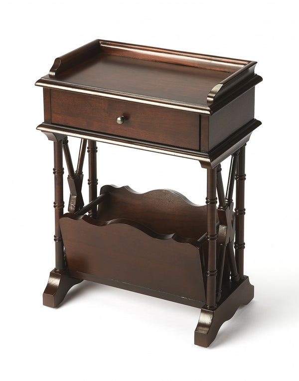 Homeroots 24" Dark Brown Solid And Manufactured Wood End Table With Drawer And Shelf With Magazine Holder   476438