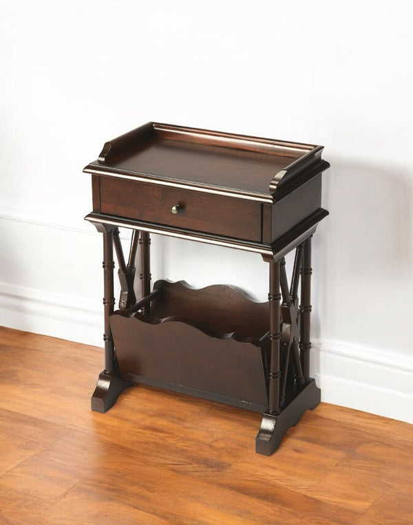 Homeroots 24" Dark Brown Solid And Manufactured Wood End Table With Drawer And Shelf With Magazine Holder   476438