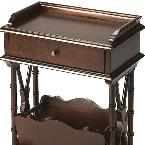 Homeroots 24" Dark Brown Solid And Manufactured Wood End Table With Drawer And Shelf With Magazine Holder   476438