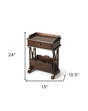 Homeroots 24" Dark Brown Solid And Manufactured Wood End Table With Drawer And Shelf With Magazine Holder   476438