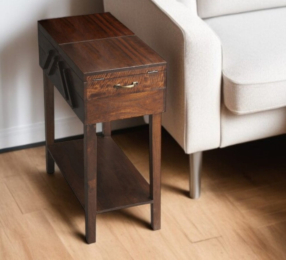 HomeRoots 28" Dark Brown Solid Wood End Table with Drawer & Shelf – Rustic Accent for Living Room & Bedroom 476441