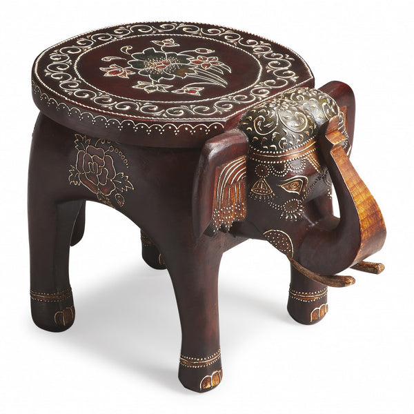 Homeroots 15" Warm Brown Hand Painted Floral 3d Elephant End Table   476442