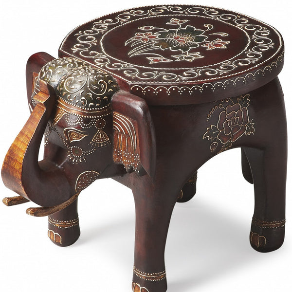 Homeroots 15" Warm Brown Hand Painted Floral 3d Elephant End Table   476442