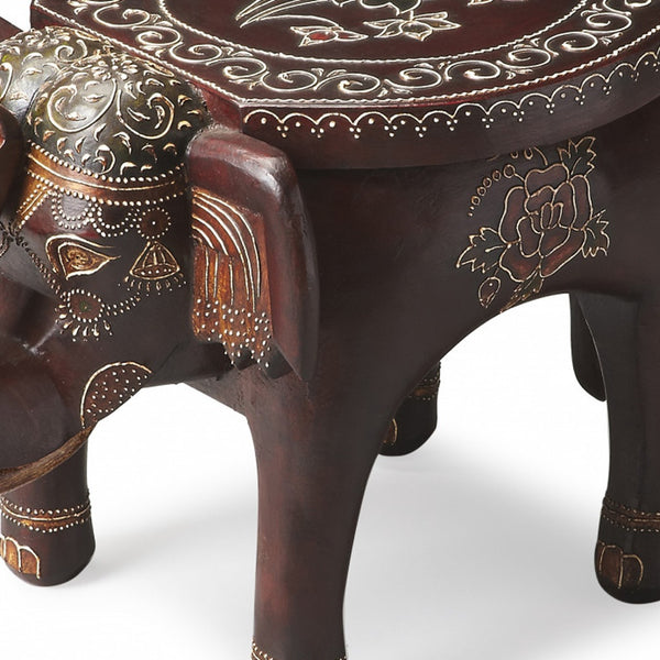 Homeroots 15" Warm Brown Hand Painted Floral 3d Elephant End Table   476442