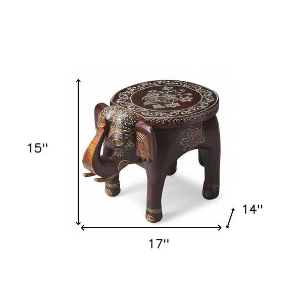 Homeroots 15" Warm Brown Hand Painted Floral 3d Elephant End Table   476442