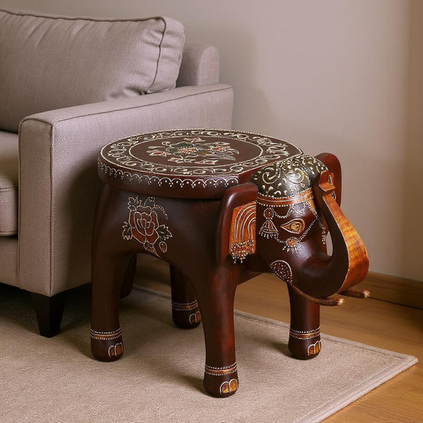 HomeRoots 15" Hand-Painted Elephant End Table - Unique Floral Design, Solid Mango Wood, Vintage Charm & Style 476442