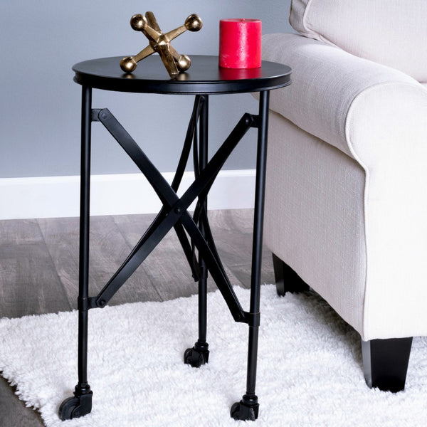 HomeRoots 23" Black Industrial Rolling Round End Table - Stylish, Mobile Design for Versatile Living Spaces 476443