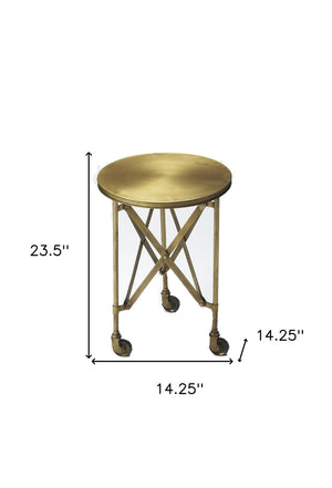 HomeRoots 24" Antiqued Gold Iron Round Rolling End Table – Chic, Compact, and Versatile for Any Space 476444