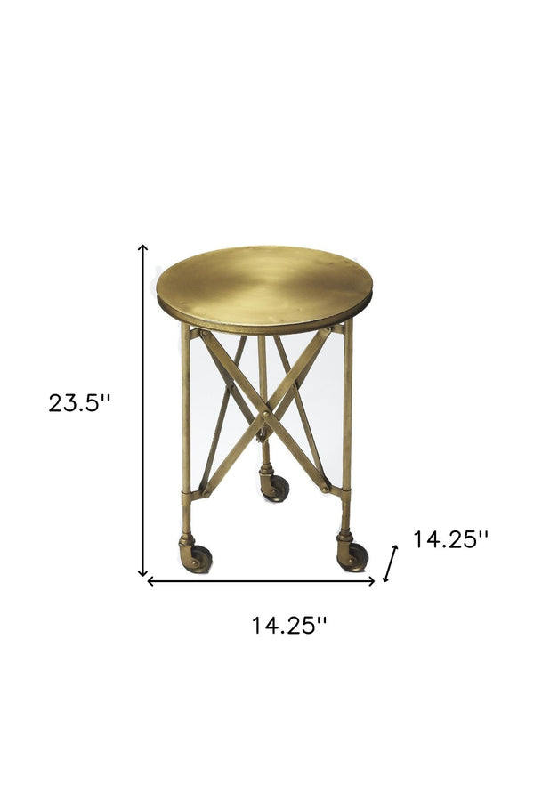 HomeRoots 24" Antiqued Gold Iron Round Rolling End Table – Chic, Compact, and Versatile for Any Space 476444