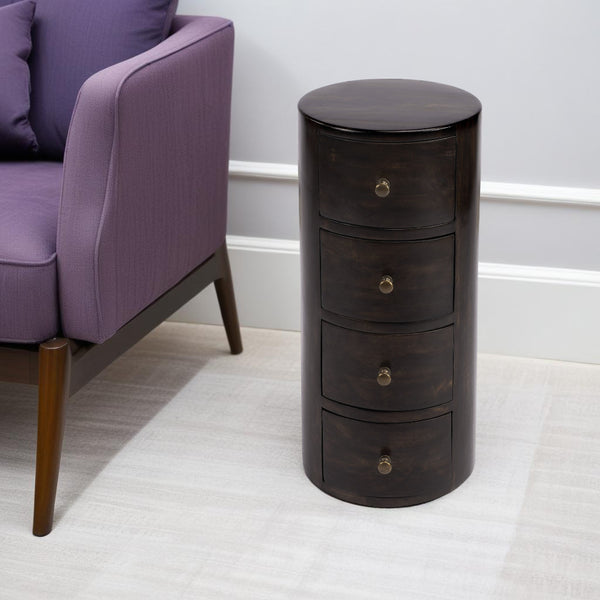 Homeroots 24" Dark Brown Round Column Shaped Pedestal End Table With Four Drawers   476446