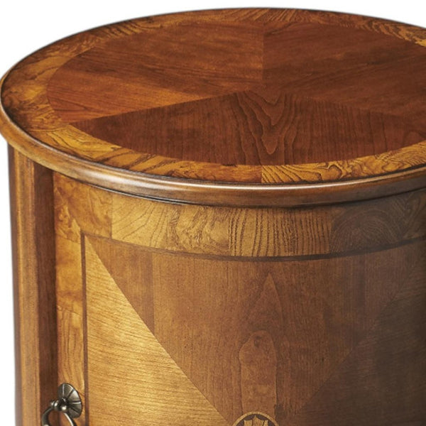HomeRoots 24" Natural Wood Round Drum End Table with Hidden Storage – Timeless Honey-Brown Accent Piece for Any Room 476451