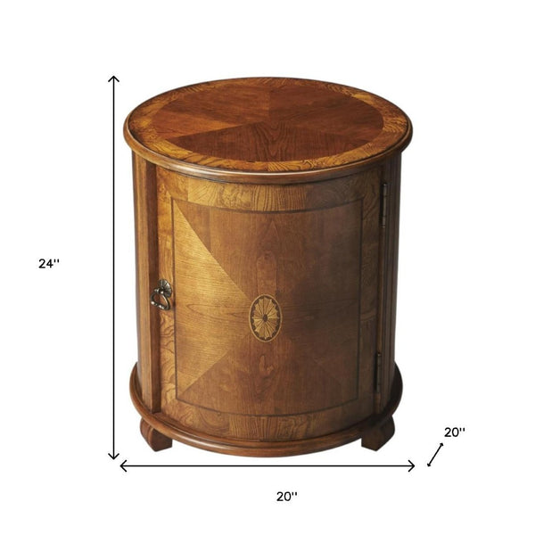 HomeRoots 24" Natural Wood Round Drum End Table with Hidden Storage – Timeless Honey-Brown Accent Piece for Any Room 476451