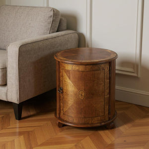 HomeRoots 24" Natural Wood Round Drum End Table with Hidden Storage – Timeless Honey-Brown Accent Piece for Any Room 476451