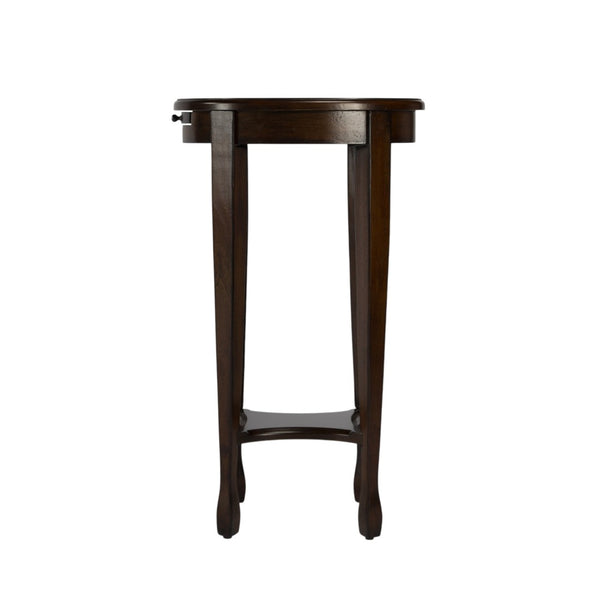 HomeRoots 26" Chestnut Oval End Table with Vintage Charm, Slim Design, and Convenient Lower Shelf Storage 476463