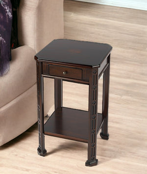 Homeroots 27" Dark Brown And Cherry Manufactured Wood Rectangular End Table With Drawer And Shelf   476467