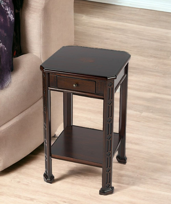 Homeroots 27" Dark Brown And Cherry Manufactured Wood Rectangular End Table With Drawer And Shelf   476467