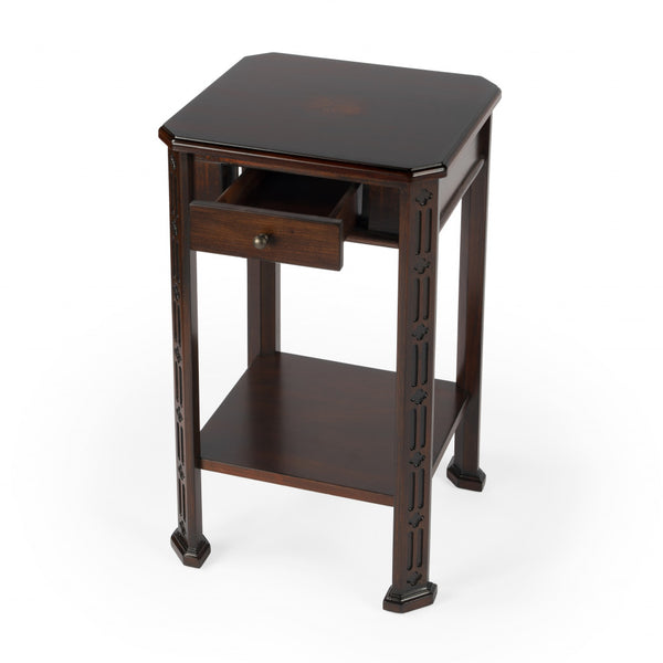Homeroots 27" Dark Brown And Cherry Manufactured Wood Rectangular End Table With Drawer And Shelf   476467