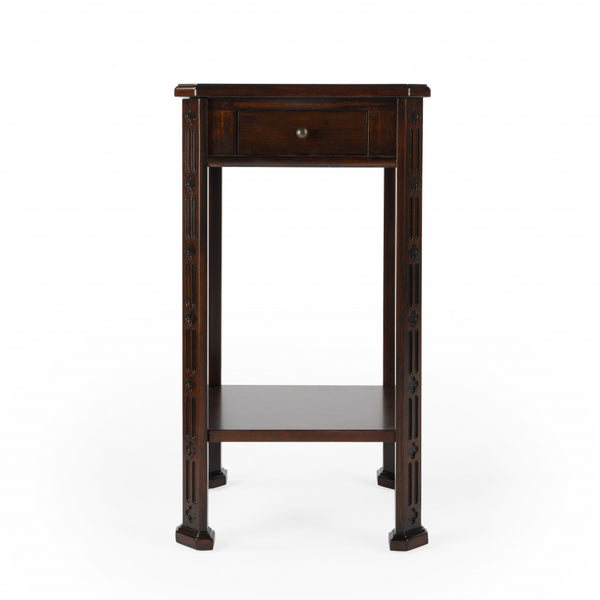 Homeroots 27" Dark Brown And Cherry Manufactured Wood Rectangular End Table With Drawer And Shelf   476467