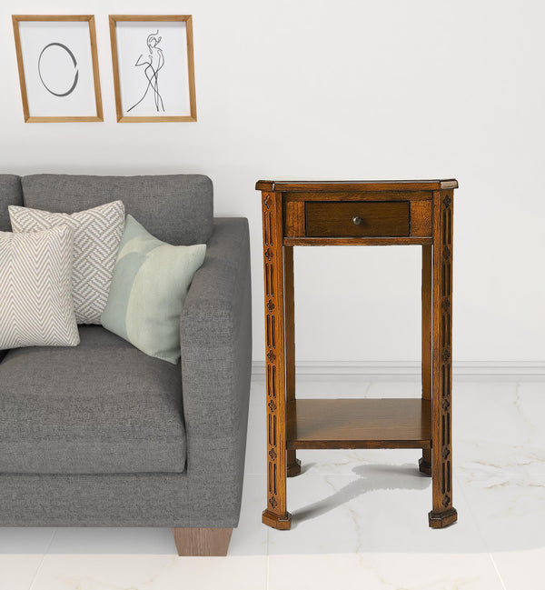 Homeroots 27" Medium Brown And Olive Ash Manufactured Wood Rectangular End Table With Drawer And Shelf   476468