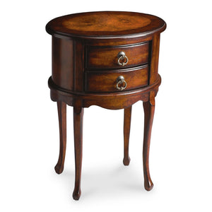 HomeRoots 26" Vintage-Inspired Dark Brown & Cherry Oval End Table with 2 Drawers for Storage & Style 476473