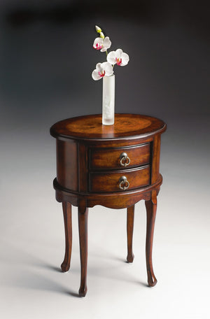 HomeRoots 26" Vintage-Inspired Dark Brown & Cherry Oval End Table with 2 Drawers for Storage & Style 476473