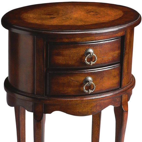 HomeRoots 26" Vintage-Inspired Dark Brown & Cherry Oval End Table with 2 Drawers for Storage & Style 476473
