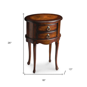 HomeRoots 26" Vintage-Inspired Dark Brown & Cherry Oval End Table with 2 Drawers for Storage & Style 476473