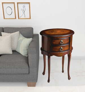 HomeRoots 26" Vintage-Inspired Dark Brown & Cherry Oval End Table with 2 Drawers for Storage & Style 476473