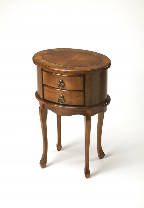 Homeroots 26" Medium Brown And Olive Ash Manufactured Wood Oval End Table With Two Drawers   476474