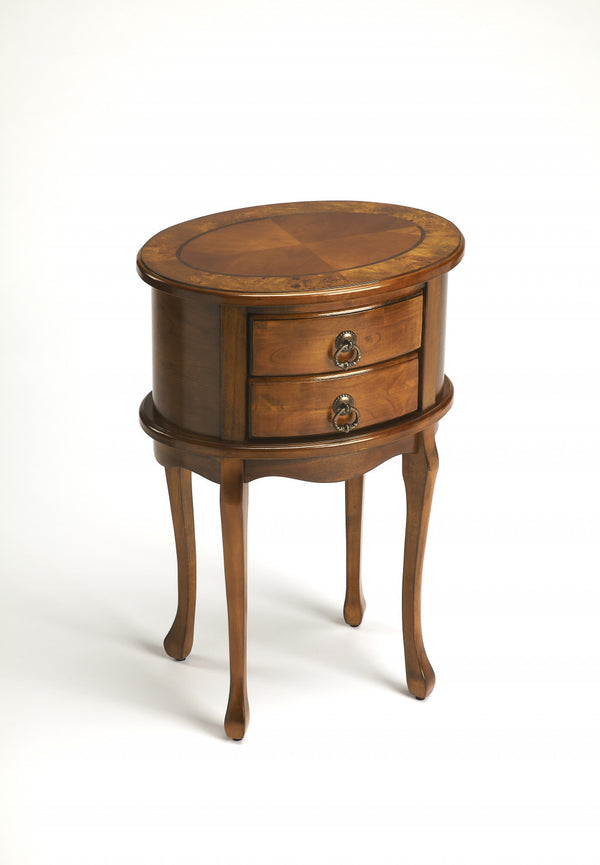 Homeroots 26" Medium Brown And Olive Ash Manufactured Wood Oval End Table With Two Drawers   476474