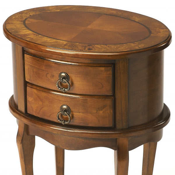 Homeroots 26" Medium Brown And Olive Ash Manufactured Wood Oval End Table With Two Drawers   476474