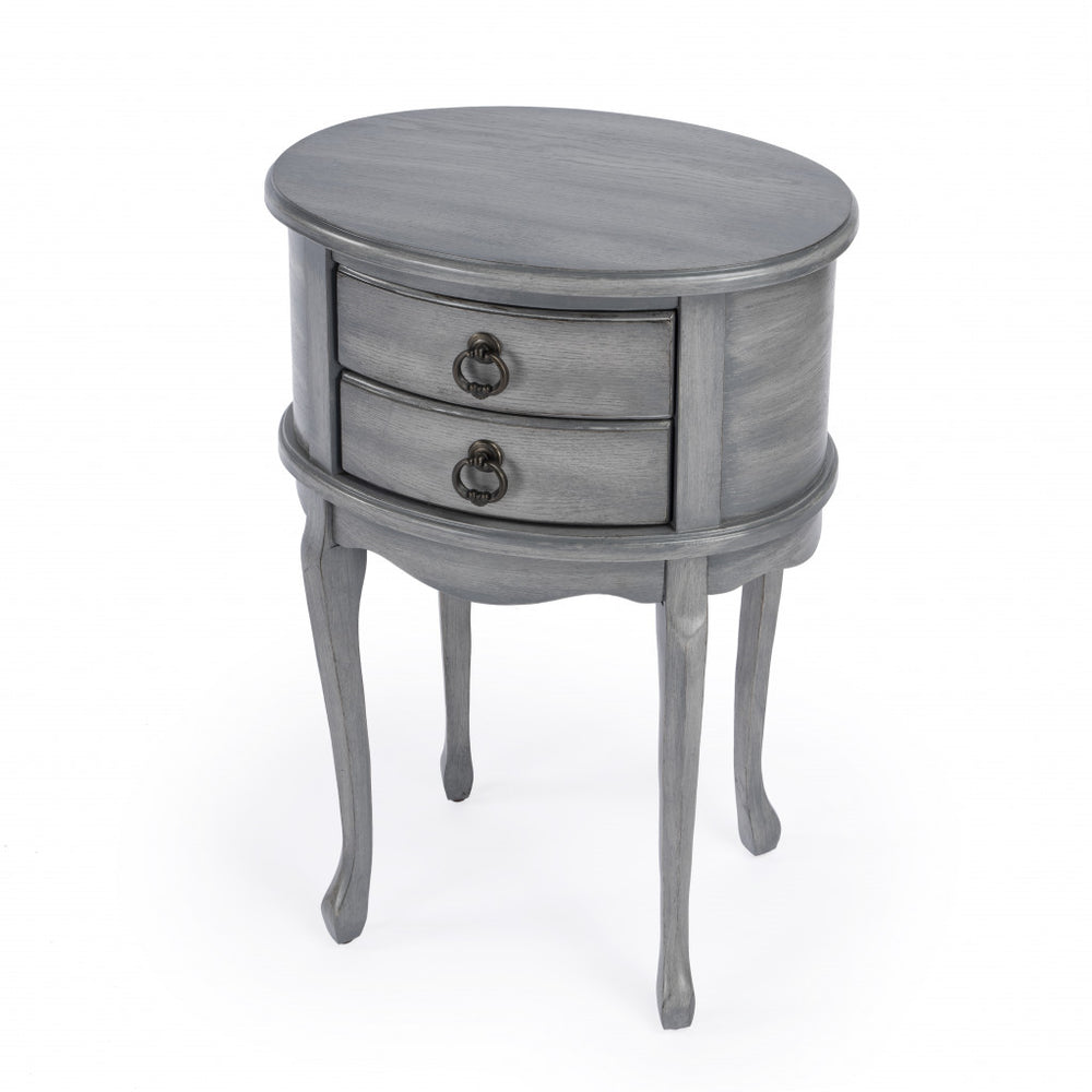 Homeroots 26" Grey And Gray Manufactured Wood Oval End Table With Two Drawers   476475