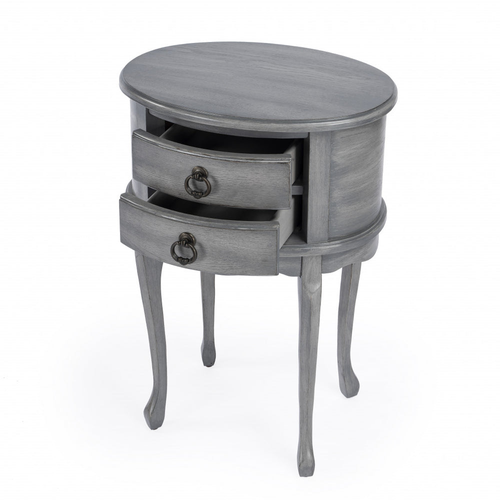 Homeroots 26" Grey And Gray Manufactured Wood Oval End Table With Two Drawers   476475
