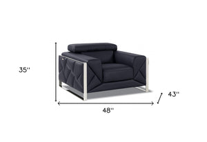 Homeroots 48" Black And Silver Italian Leather Club Chair Black  476498