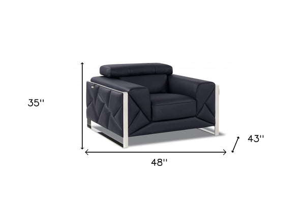 Homeroots 48" Black And Silver Italian Leather Club Chair Black  476498