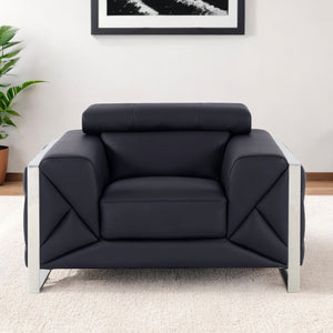 Homeroots 48" Black And Silver Italian Leather Club Chair Black  476498