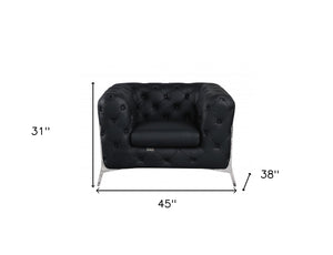 Homeroots 45" Black And Silver Italian Leather Tufted Chesterfield Chair Black  476510