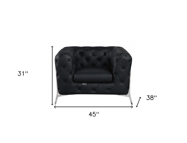 Homeroots 45" Black And Silver Italian Leather Tufted Chesterfield Chair Black  476510