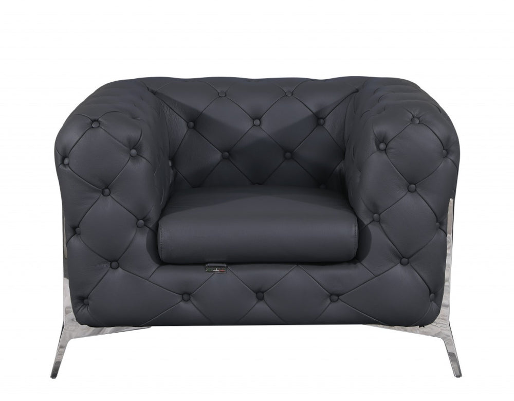HomeRoots 45" Italian Leather Tufted Chesterfield Chair - Timeless Elegance for Living Rooms & Studies Dark Gray 476513