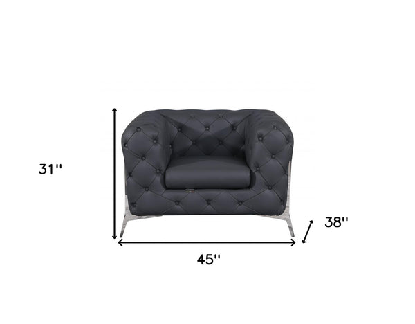 Homeroots Glam Gray And Chrome Tufted Leather Armchair Dark Grey  476513