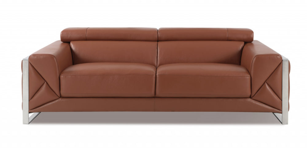 HomeRoots 89" Luxurious Italian Leather Sofa with Sleek Silver Legs for Contemporary Living Room Elegance CAMEL 476516