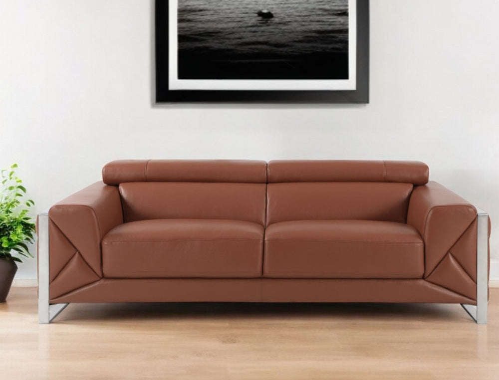 HomeRoots 89" Luxurious Italian Leather Sofa with Sleek Silver Legs for Contemporary Living Room Elegance CAMEL 476516