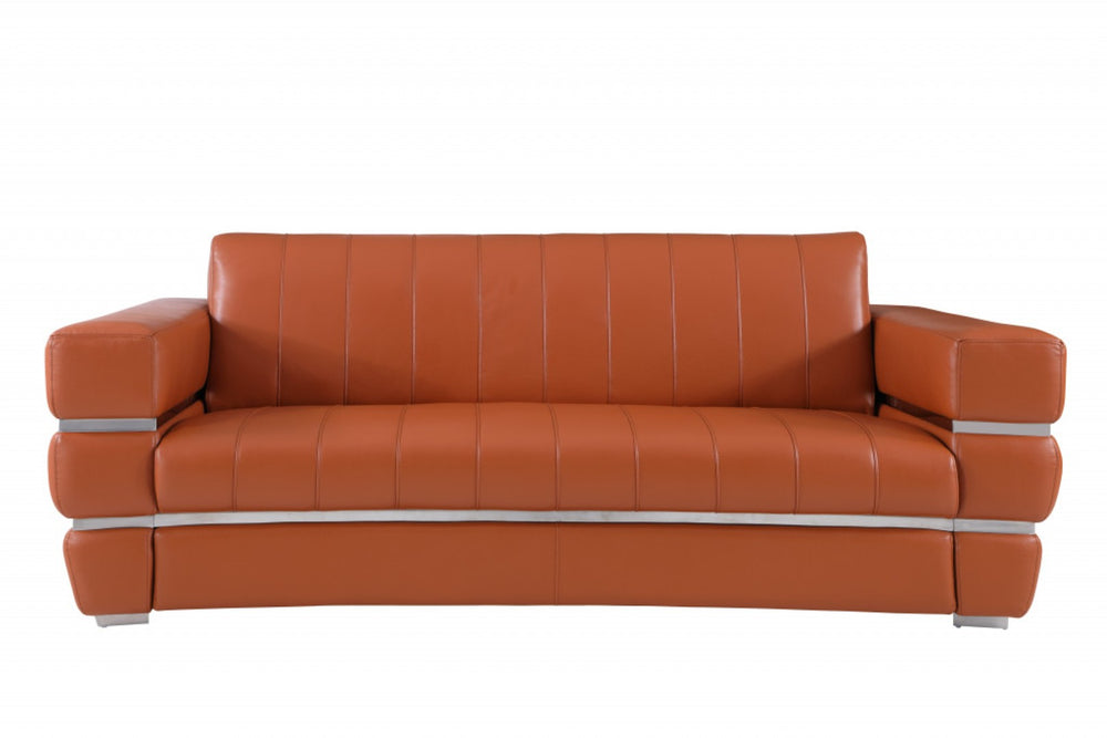 HomeRoots 89" Italian Leather Sofa with Silver Legs - Modern Elegance and Comfort for Your Living Room Décor CAMEL 476520