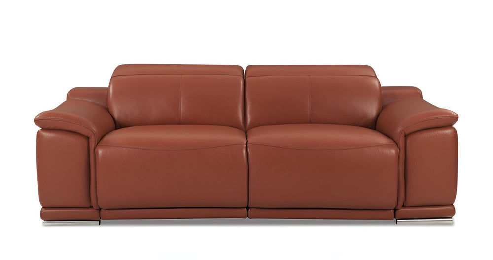 HomeRoots 86" Italian Leather USB Reclining Sofa – Luxurious Comfort with Elegant Silver Legs for Modern Living CAMEL 476523