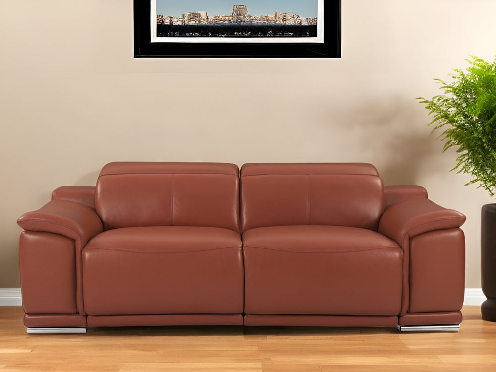 HomeRoots 86" Italian Leather USB Reclining Sofa – Luxurious Comfort with Elegant Silver Legs for Modern Living CAMEL 476523