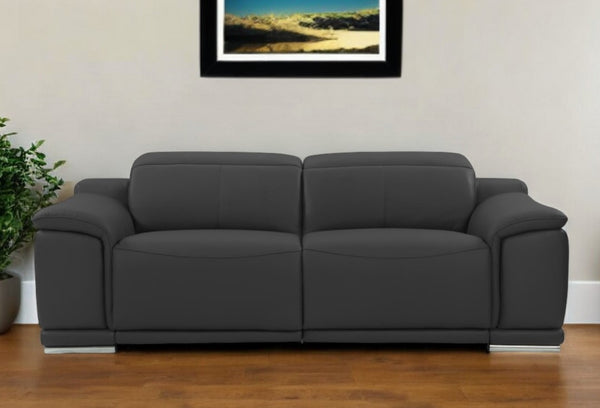 Homeroots 86" Dark Gray Italian Leather Usb Reclining Sofa With Silver Legs Dark Grey  476524