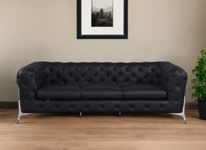 Homeroots 93" Black Italian Leather Chesterfield Sofa With Silver Legs Black  476526