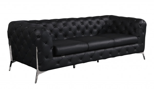 Homeroots 93" Black Italian Leather Chesterfield Sofa With Silver Legs Black  476526
