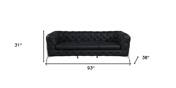 Homeroots 93" Black Italian Leather Chesterfield Sofa With Silver Legs Black  476526