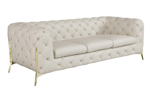 Homeroots 93" Beige Italian Leather Chesterfield Sofa With Silver Legs Beige  476528
